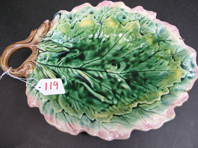 Appraisal: AN ETRUSCAN MAJOLICA GLAZED PORCELAIN BOWL in green leaf form