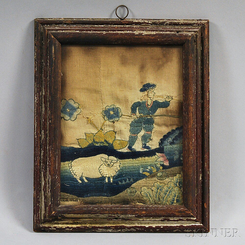 Appraisal: Framed Early Needlework Fragment stitched with wool and silk depicting