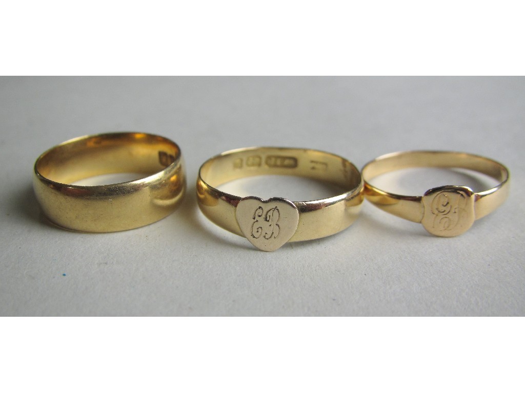 Appraisal: Two ct gold rings and one yellow metal ring gms