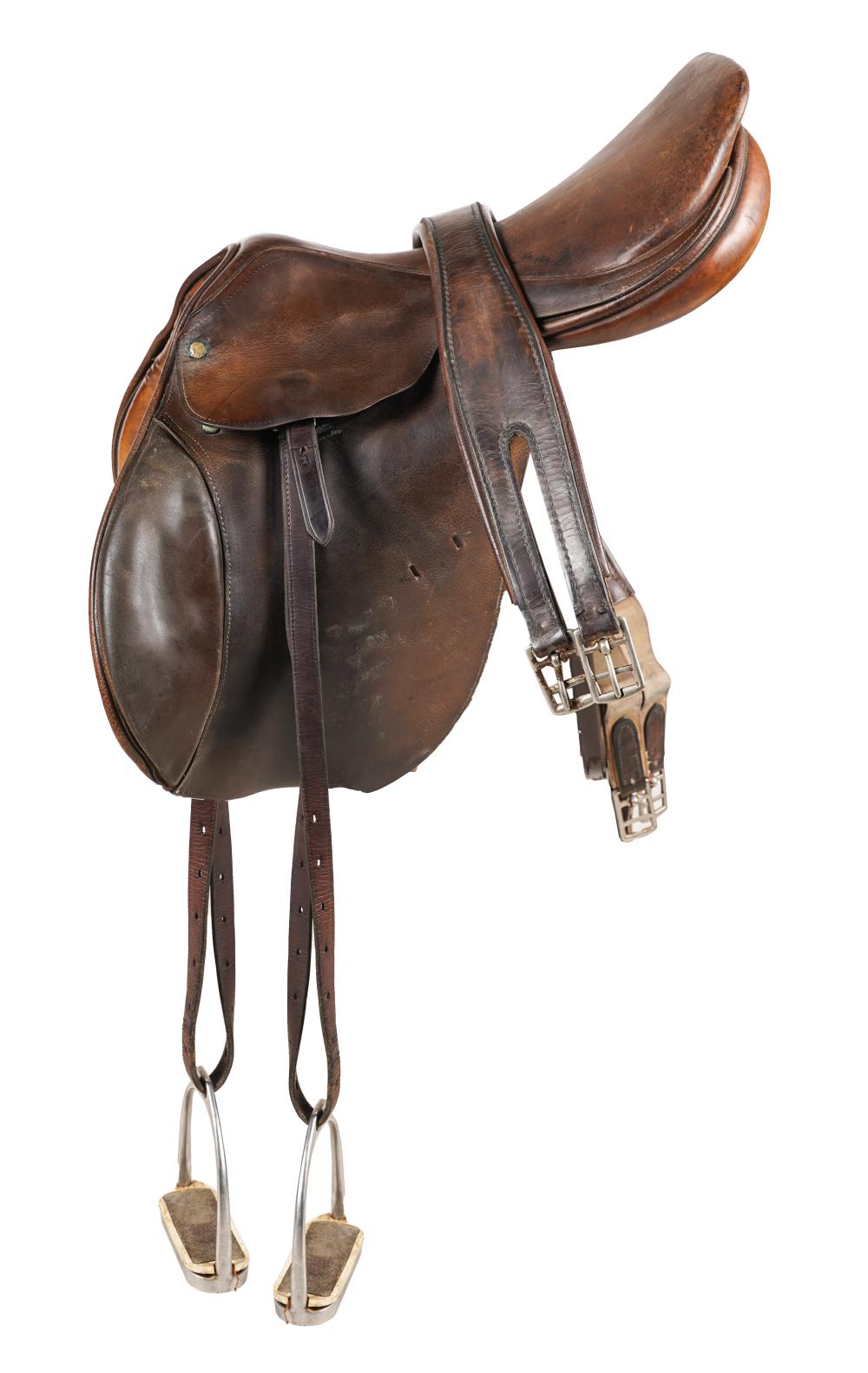 Appraisal: BROWN LEATHER ENGLISH RIDING SADDLEmaker unknown with brass plaque engraved