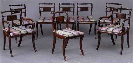 Appraisal: SET OF EIGHT REGENCY CARVED MAHOGANY DINING CHAIRS Including armchairs