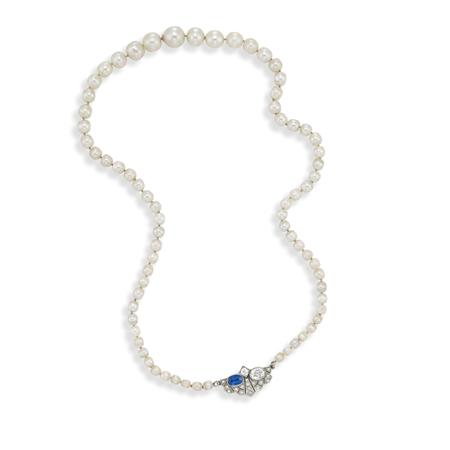 Appraisal: Natural Pearl Necklace with Diamond and Sapphire Clasp Estimate -