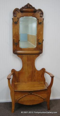 Appraisal: Antique c 's Oak Hall Tree Bench w MirrorFrom a