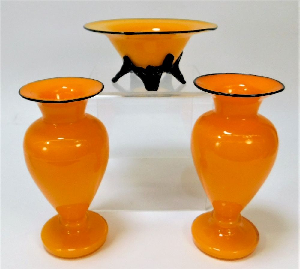 Appraisal: PC Welz Orange Tango Bohemian Art Glass Vessels Bohemia th