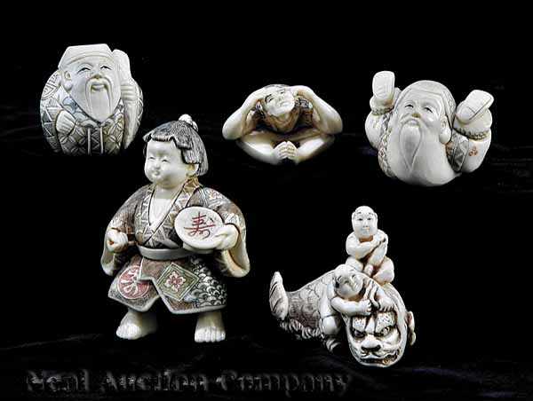 Appraisal: A Group of Five Japanese Ivory Netsuke including figures riding