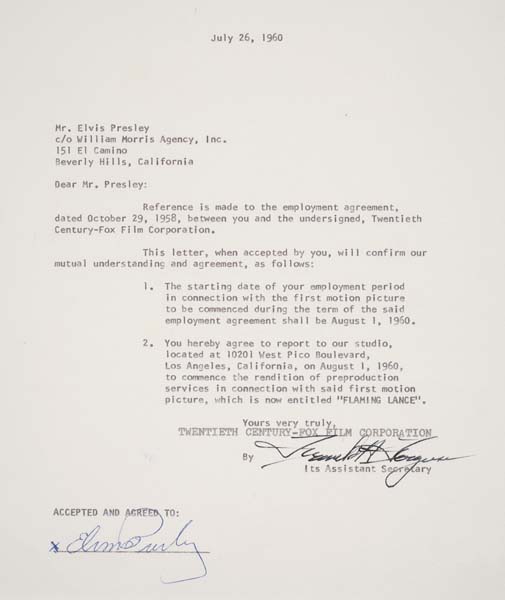 Appraisal: ELVIS PRESLEY Typed letter signed by Presley agreeing to the