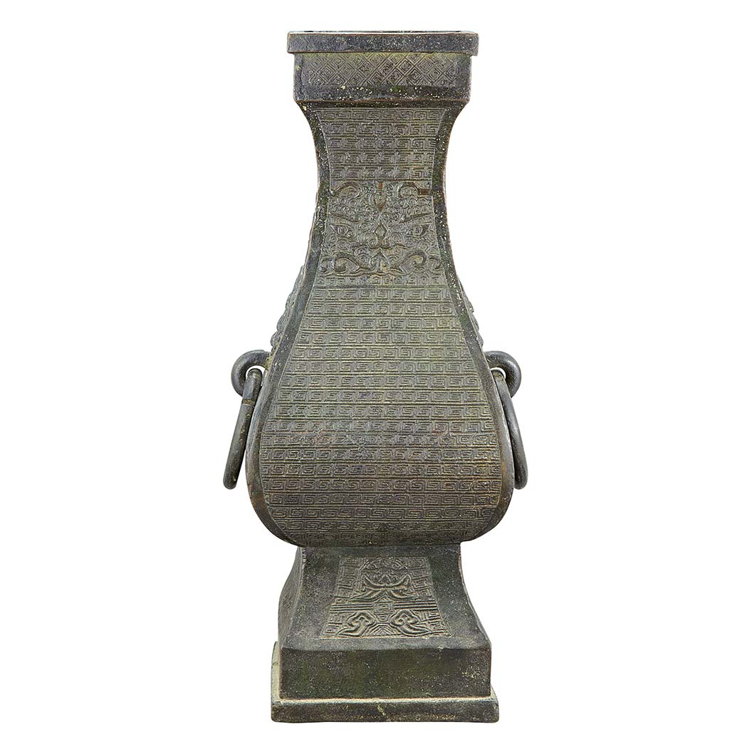 Appraisal: Chinese Bronze Vase th th Century Of squared hu shape