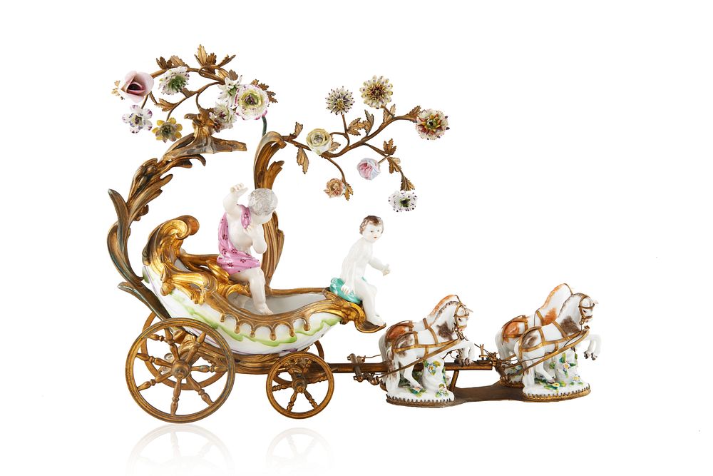 Appraisal: TH CENTURY MEISSEN-STYLE PORCELAIN AND BRONZE CHARIOT TH CENTURY MEISSEN-STYLE