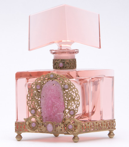 Appraisal: CZECH Perfume bottle in pink crystal with jeweled metalwork s