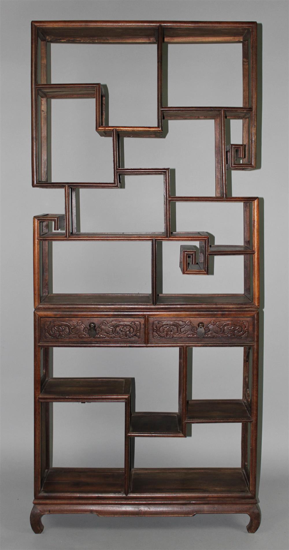 Appraisal: SMALL CHINESE TWO-PIECE ETAGERE consisting of the top section with