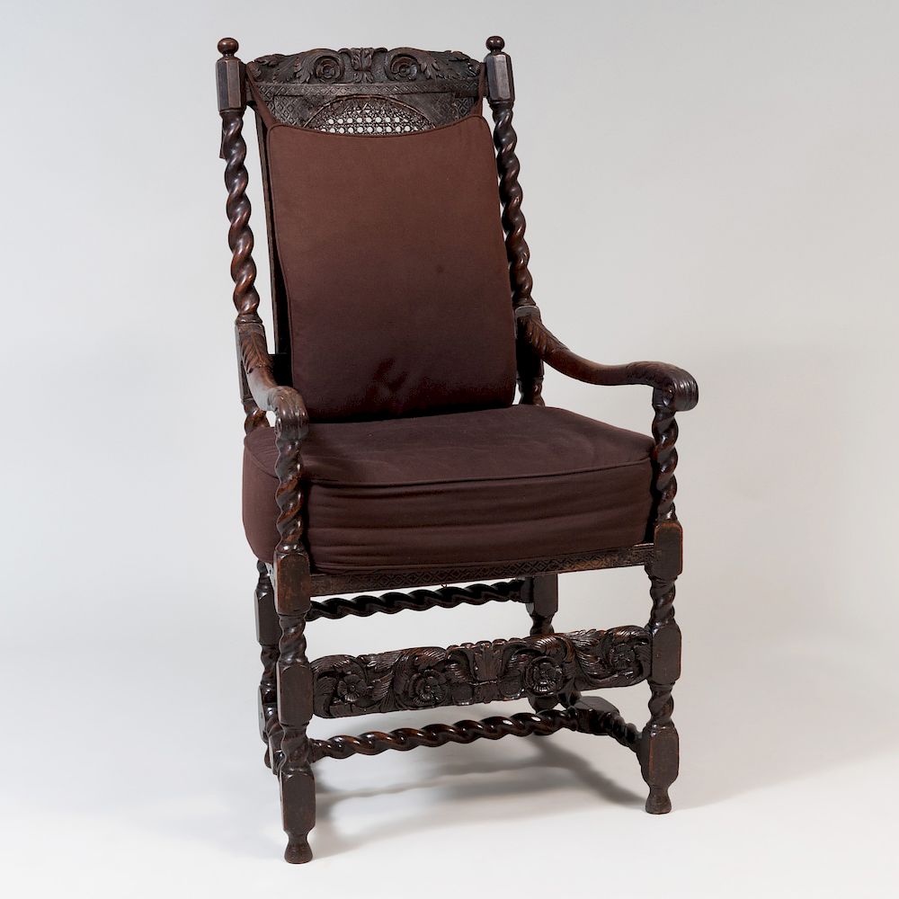 Appraisal: William and Mary Oak and Caned Armchair x x in