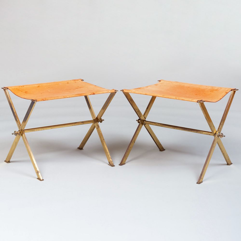 Appraisal: Pair of Gilt-Metal and Suede Folding Campaign Stools x x