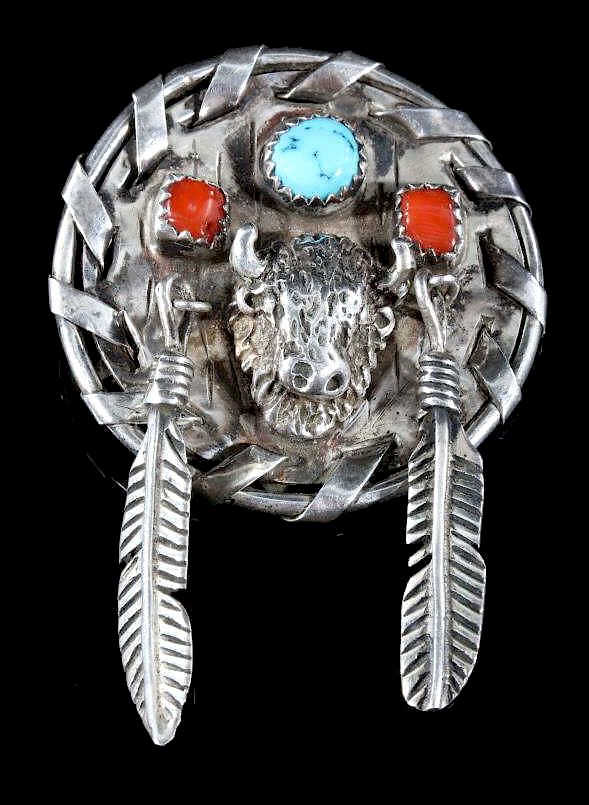 Appraisal: W Etsitty Navajo Cast Sterling Buffalo Pendant This lot includes