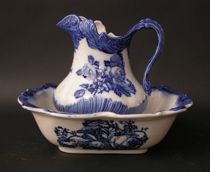 Appraisal: A Staffordshire Wash Basin Pitcher Blue transfer-ware pitcher and square