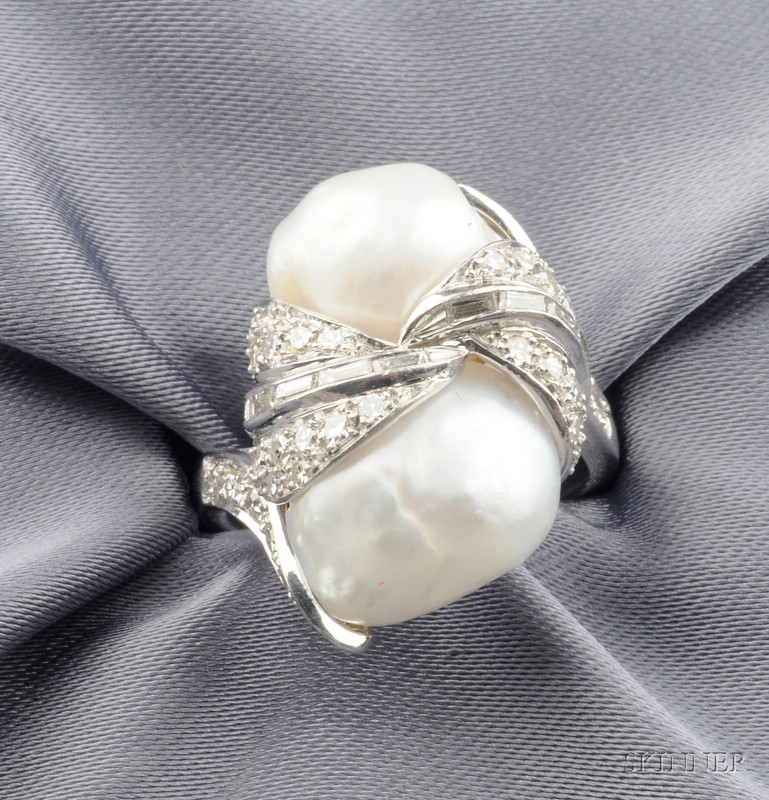 Appraisal: Platinum Baroque Pearl and Diamond Ring Ruser set with two