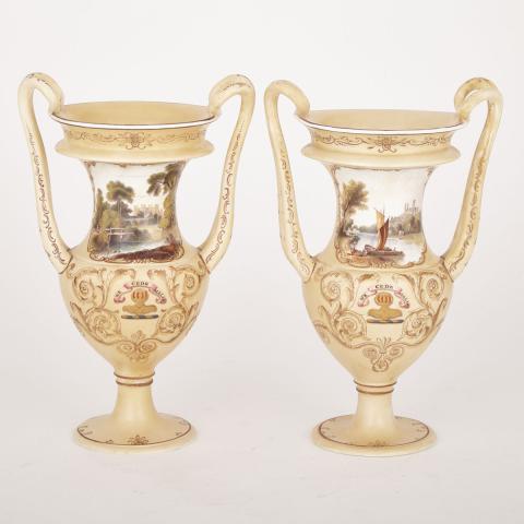 Appraisal: Pair of Spode Armorial Two-Handled Vases c painted in colours