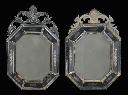 Appraisal: PAIR OF VENETIAN ROCOCO-STYLE ETCHED MIRRORED GLASS MIRRORS Each octagonal