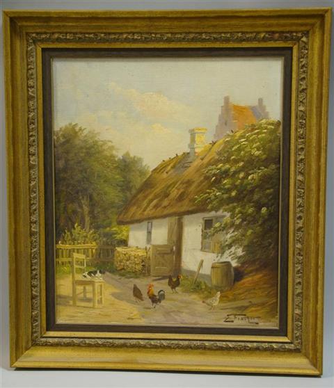 Appraisal: E FISCHER BARNYARD SCENE Oil on canvas x in Framed