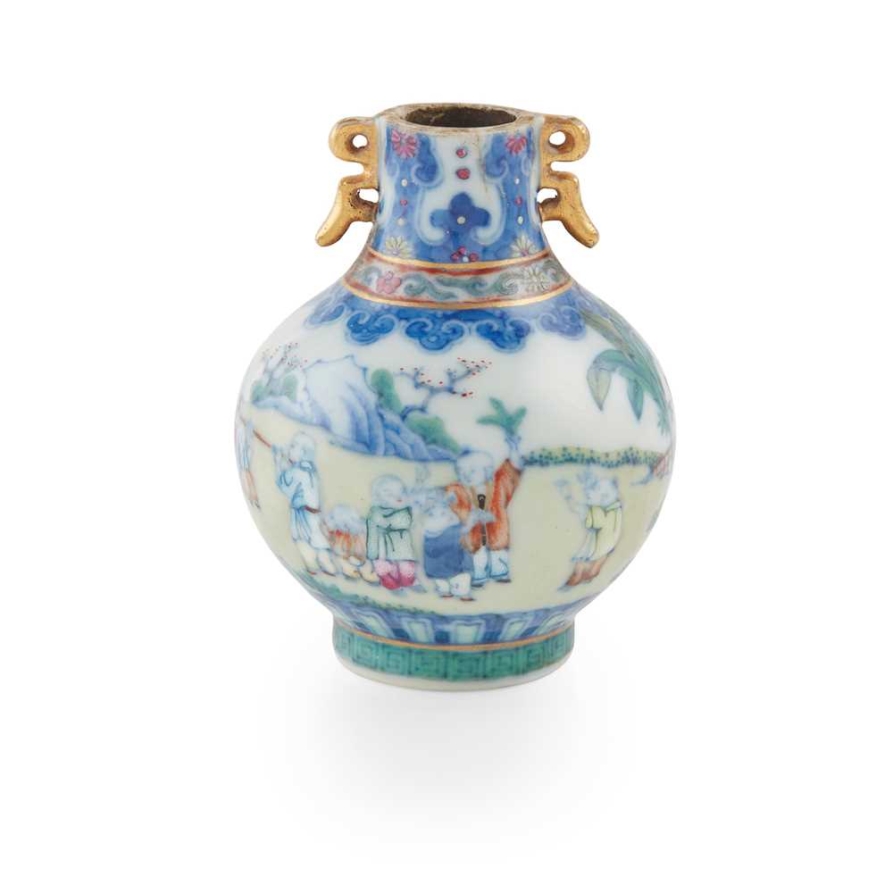 Appraisal: MINIATURE BLUE AND WHITE WITH FAMILLE ROSE VASE QIANLONG MARK