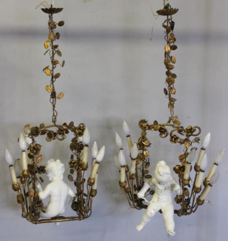 Appraisal: Unusual Pair of Midcentury Italian Chandeliers Gilded iron with glazed