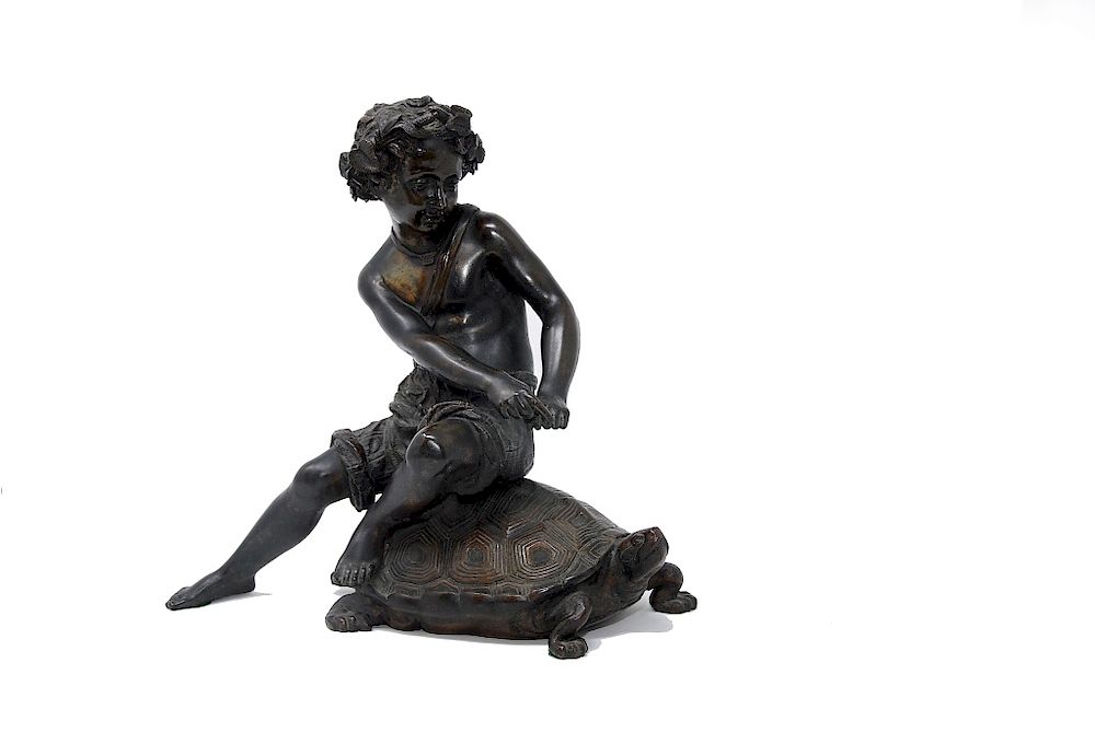 Appraisal: Antique Bronze Sculpture Boy Riding Turtle Bronze Sculpture Boy Riding