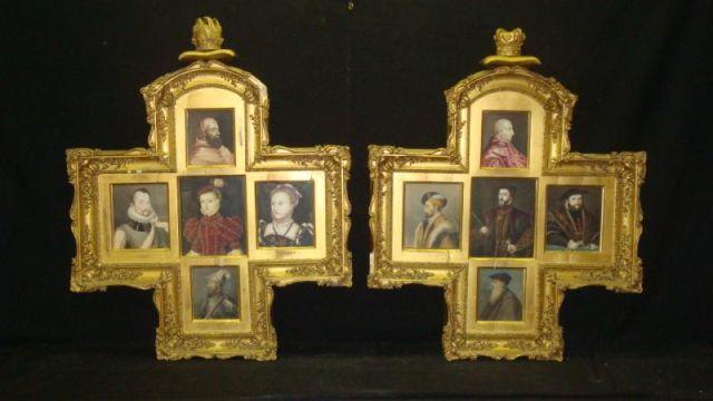 Appraisal: Pair of Gilt Cruciform Frames of Historic Figures in watercolors