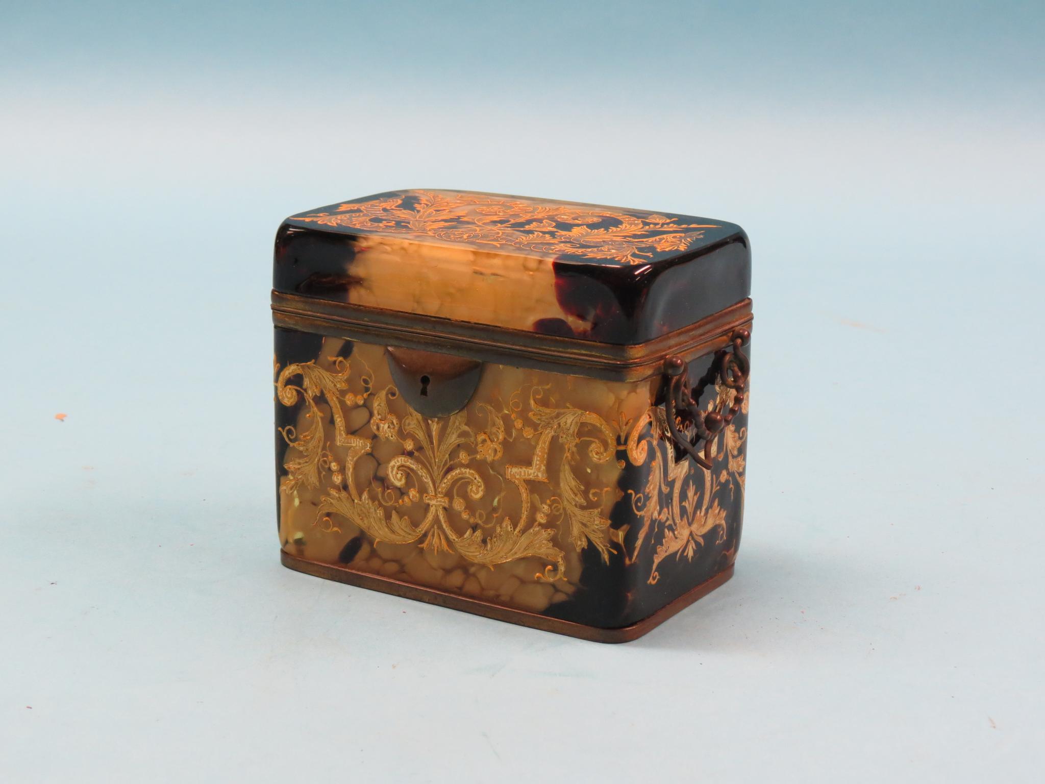 Appraisal: A good Victorian tortoiseshell-effect glass tea caddy rectangular-shape brightly gilded