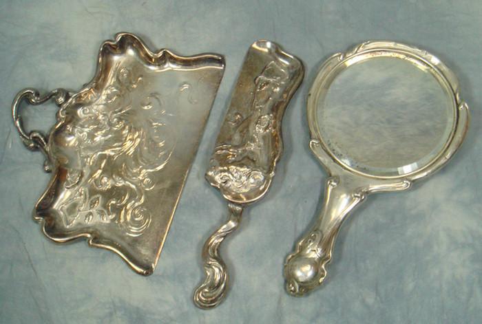 Appraisal: Sterling backed mirror with seated woman design dents with Derby