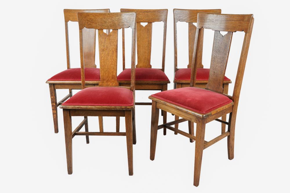 Appraisal: FIVE OAK DINING CHAIRSwith red corduroy upholstery inches wide inches