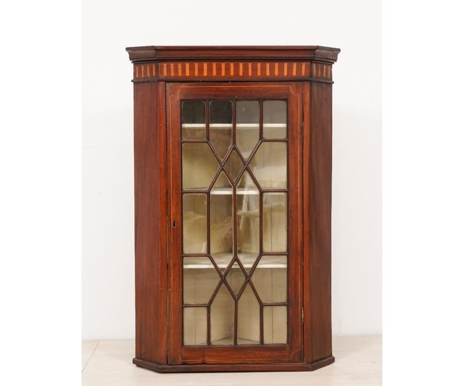 Appraisal: Georgian mahogany inlaid hanging corner cupboard top circa h x