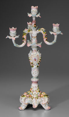 Appraisal: German porcelain candelabrum rococo style hand-painted and applied flowers and