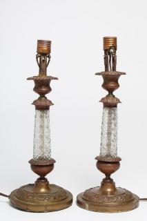 Appraisal: Cut Glass Stamped Copper Candlestick Lamps With Neoclassical imagery of