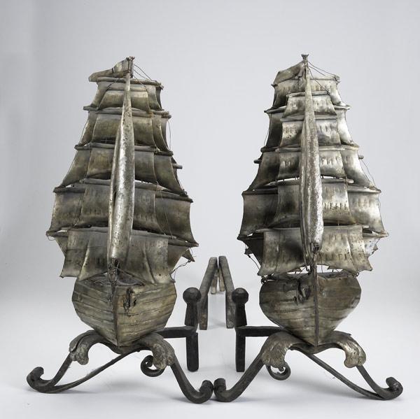 Appraisal: Pair of figural sailboat andirons th C In full sail