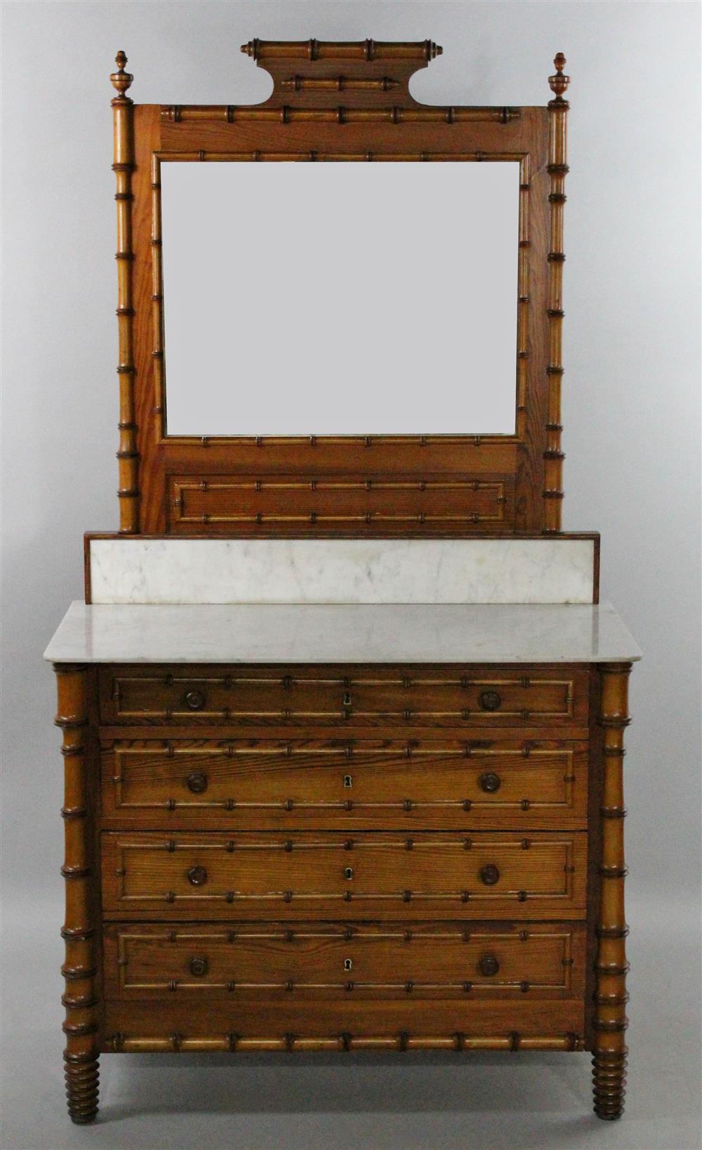 Appraisal: VICTORIAN STYLE PINE FAUX BAMBOO MIRRORED DRESSER WITH WHITE MARBLE