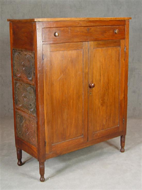 Appraisal: Walnut Jelly Cupboard th Century Pierced tin paneled ends Single