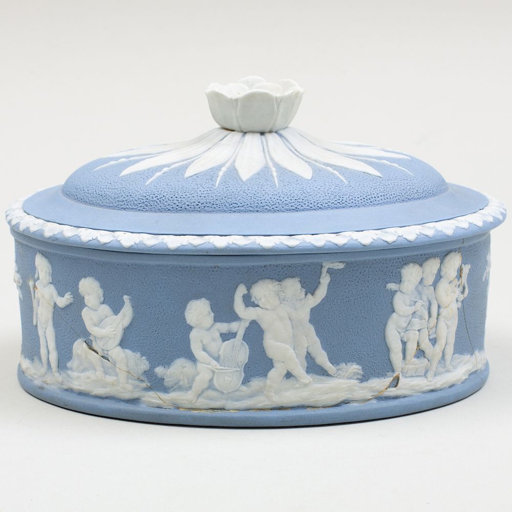 Appraisal: Wedgwood Blue and White Jasperware Oval Paint Box and Cover