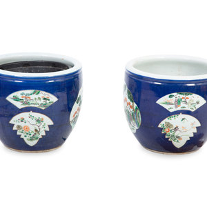 Appraisal: A Pair of Chinese Export Blue Ground Jardinieres with Fan-shaped