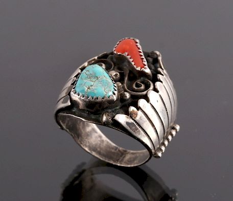 Appraisal: Signed Navajo Sterling Silver Turquoise Coral Ring This is a