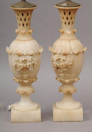 Appraisal: Pair of Italian Carved Alabster Urns Mounted as Lamps Urns