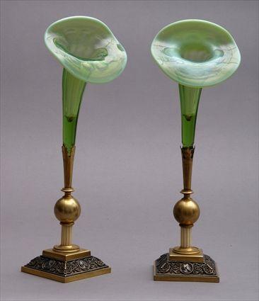 Appraisal: PAIR OF RENAISSANCE REVIVAL GILT-METAL AND IVORY-MOUNTED GREEN GLASS JACK-IN-THE-PULPIT