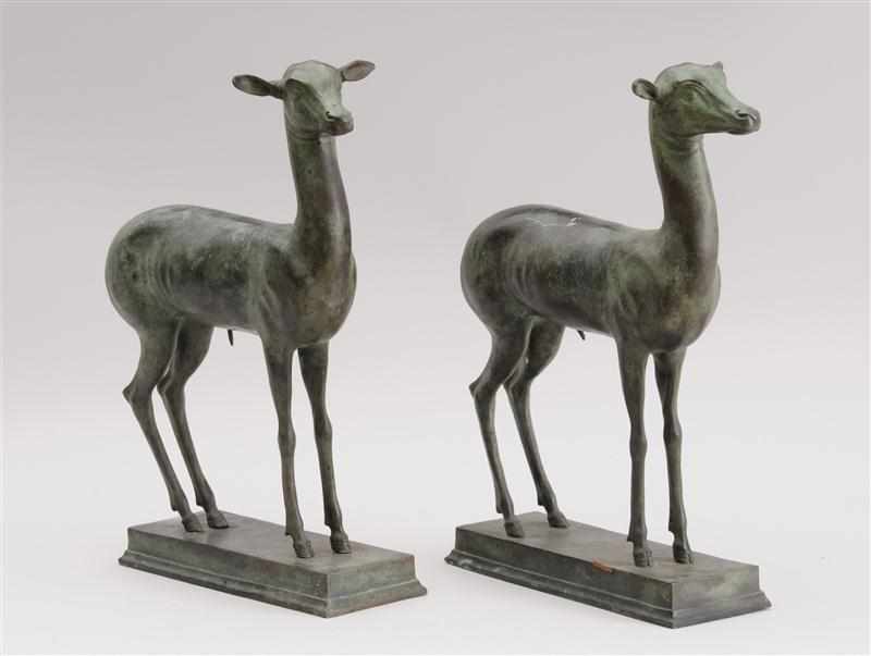 Appraisal: PAIR OF ART DECO PATINATED BRONZE DOE FIGURES Each standing