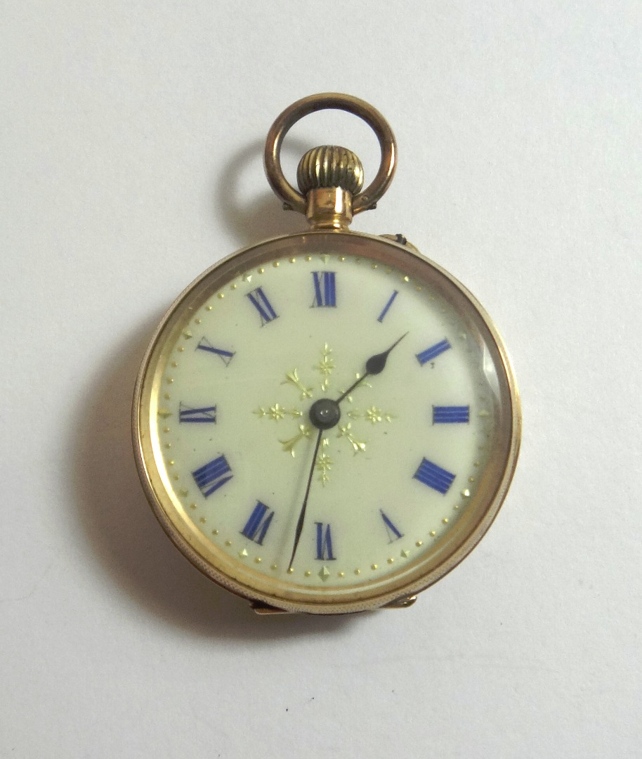 Appraisal: A ladies gold cased keyless wind openfaced fob watch with