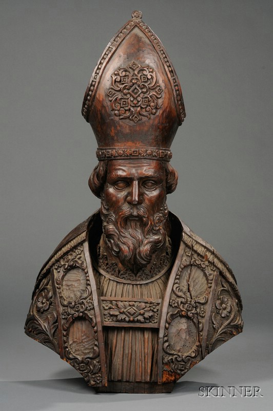 Appraisal: Continental Carved and Stained Pine Bust of a Bishop late