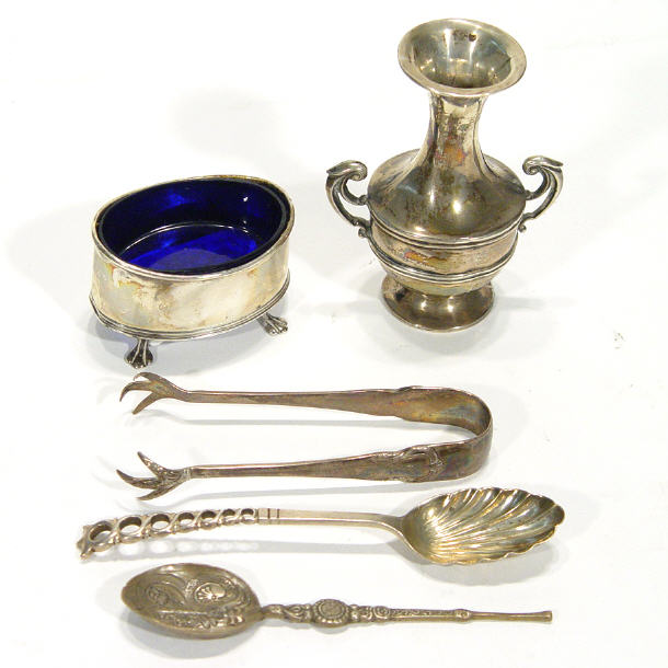 Appraisal: Group of silver items a twin handled vase salt with