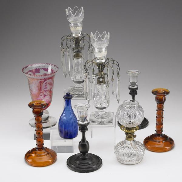 Appraisal: GLASS GROUPING Nine pieces includes a pair of hurricane shade