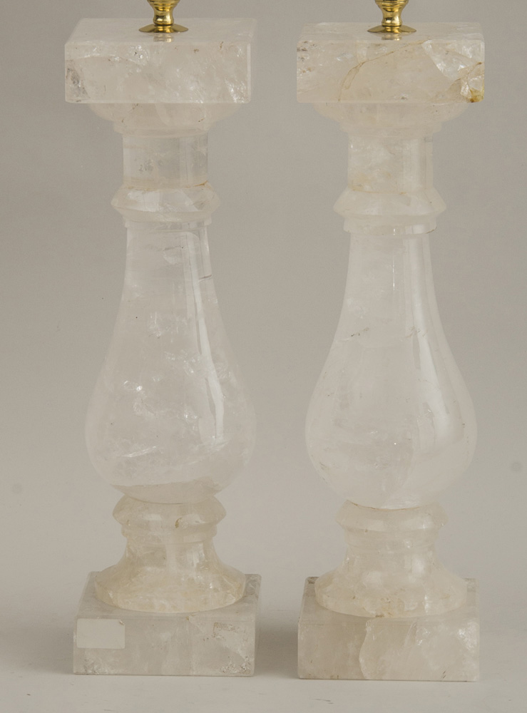 Appraisal: PAIR OF LARGE ROCK CRYSTAL TABLE LAMPS Each pear-form stem