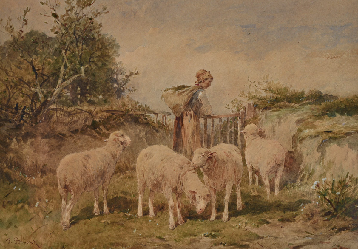 Appraisal: WARVILLE Felix Saturnin de French - Shepherdess Sheep Watercolor Sight