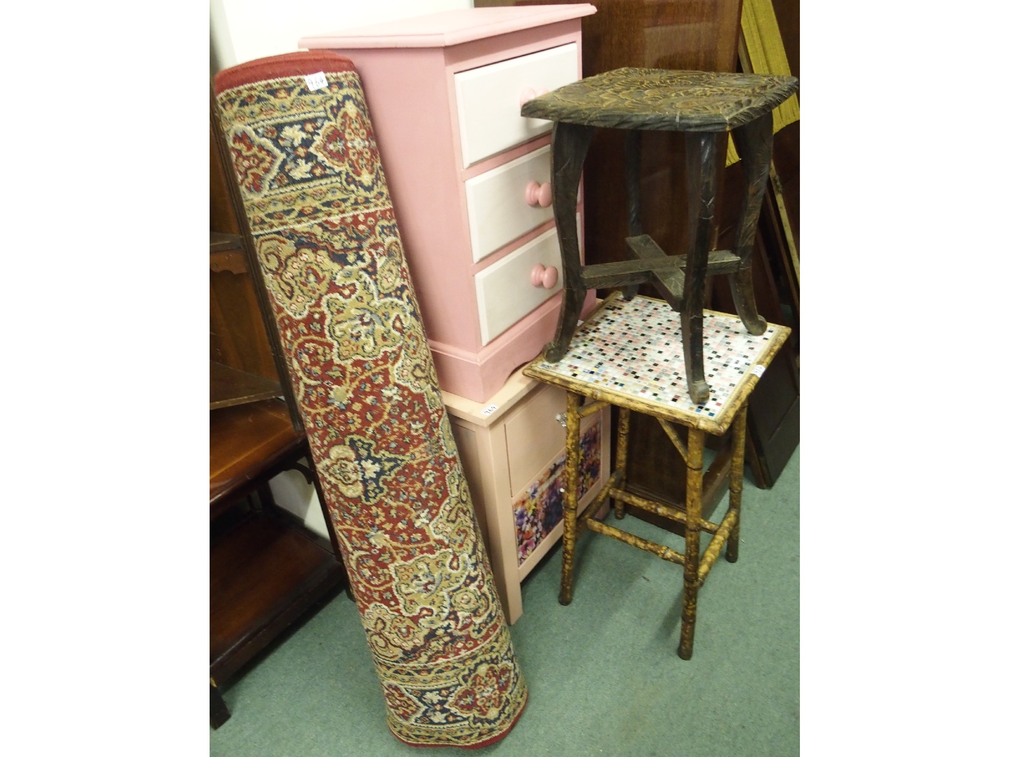 Appraisal: An oak carved side table tiled bamboo side table a