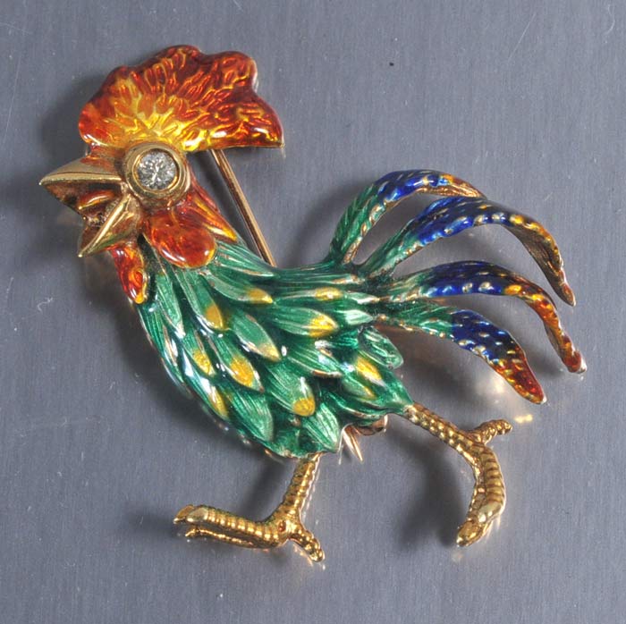 Appraisal: k Gold Enameled Rooster with diamond eye mm Condition excellent