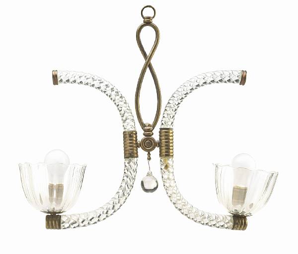 Appraisal: A Murano glass two-arm chandelier s twisted glass and brass